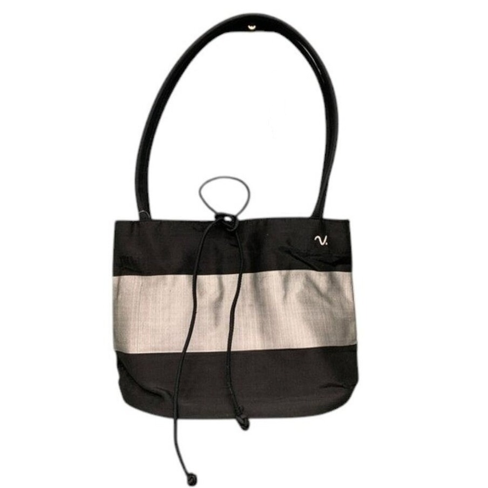 Clare V Striped Drawstring Tote Shoulder Bag Womens Medium Black Purse Zip Top